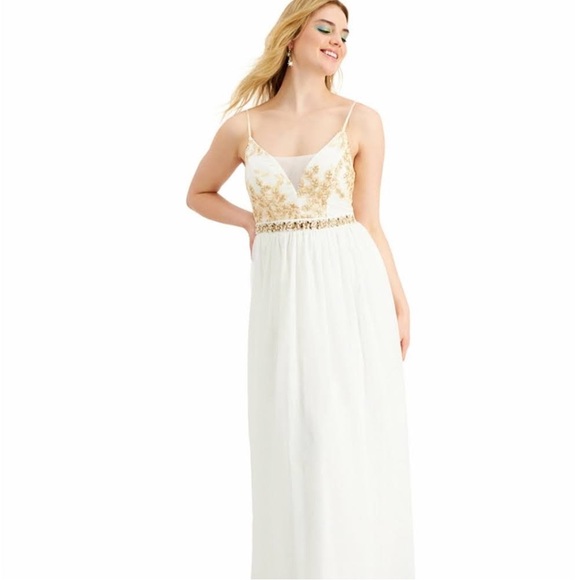 Emerald Sundae Womens White Sequined Sheer Floral Formal Dress - Picture 4 of 16